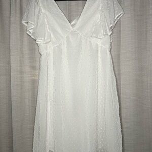 Textured White Boho Feminine Midi Dress with Flutter Sleeves